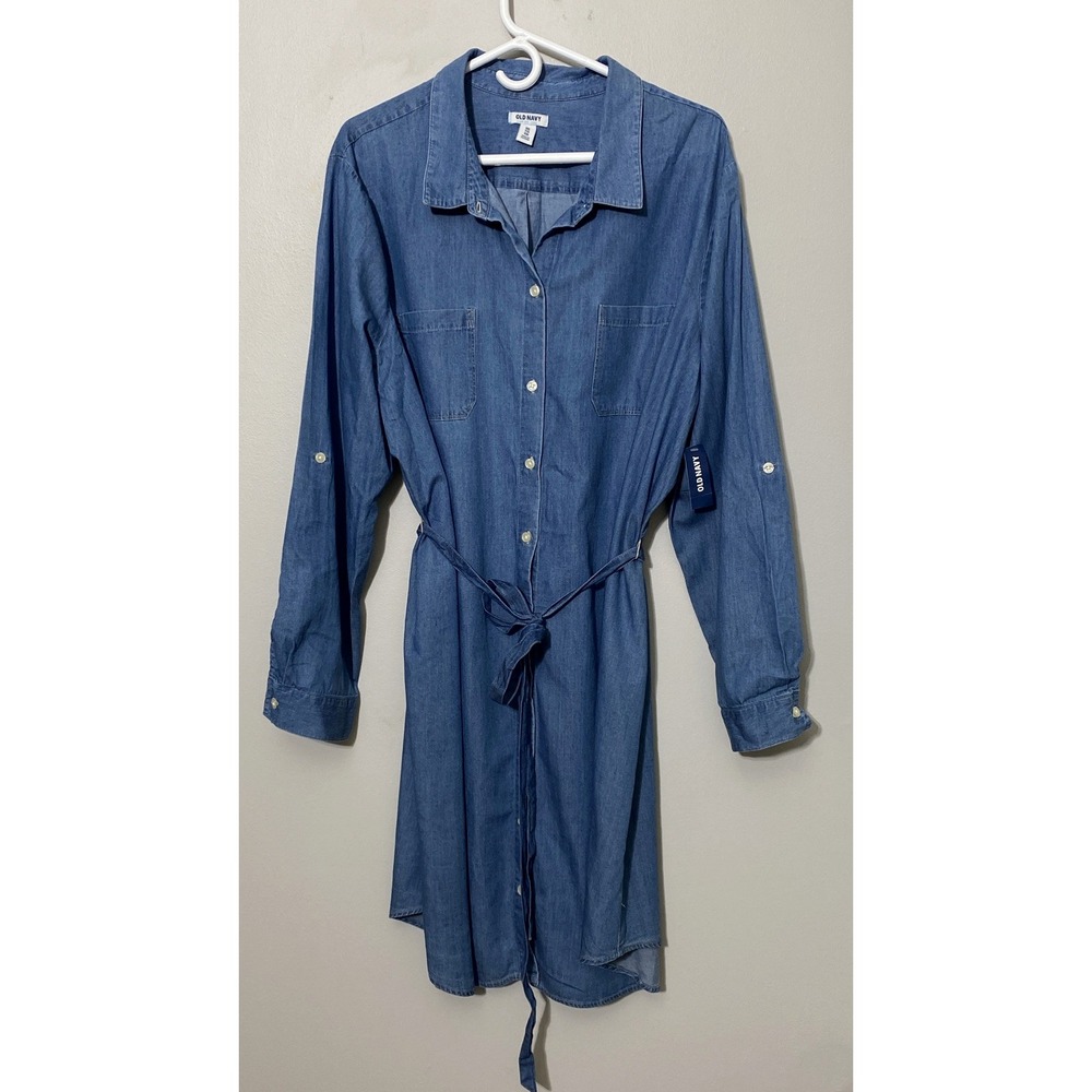 NWT Old Navy Women's Dress Size XXL Long Sleeve Button-Up Blue Chambray Belted